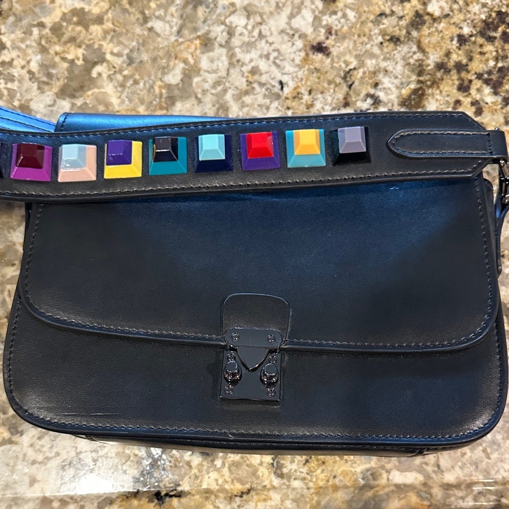 KC Jagger  Black Leather Bag with Colorful Strap great condition